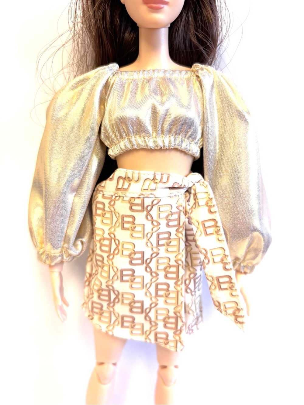 Barbie Doll You Create Clothes Gold Top Logo Skirt Headband Shoes #496